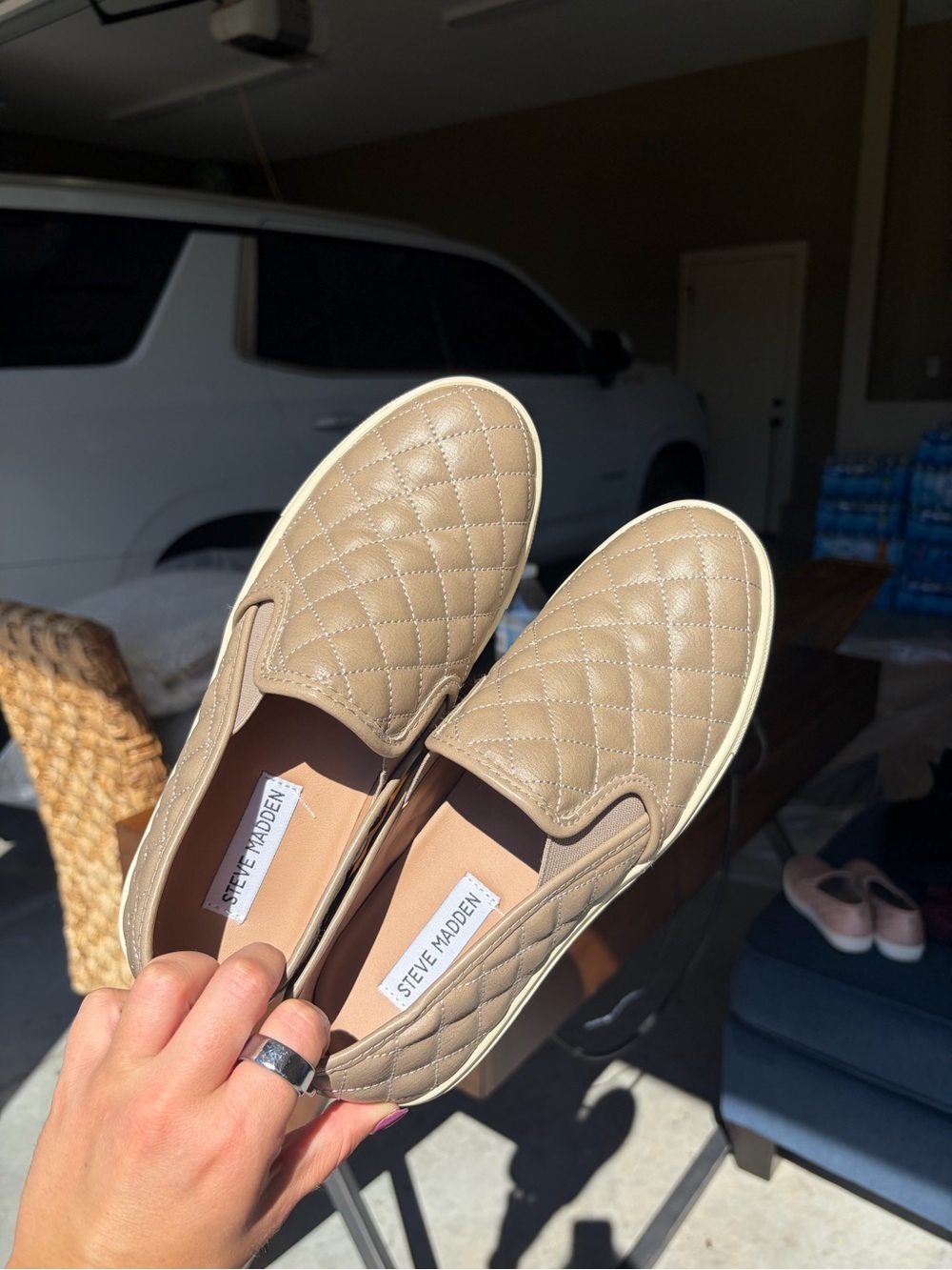 Steve Madden Quilted Slip-On Loafers in Beige Tan